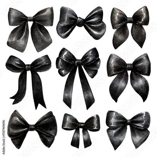 My simple Watercolor illustration, set of black elegant bows painting isolated on a white background, illustration, AI painting design, vector illustration set, eps format,