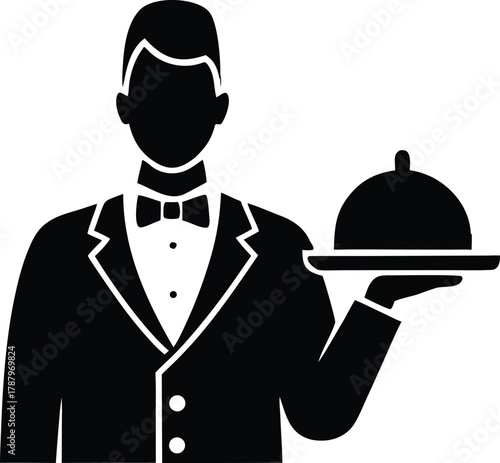 Professional server with tray icon, Hospitality staff vector