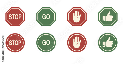 Stop and go signs with hand gestures and text, a modern set