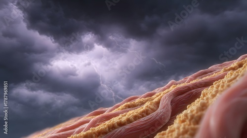 Abstract close up of organic tissue with layers of muscle and fat beneath a dramatic stormy sky with lightning