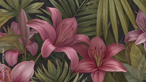 Vivid pink tropical lilies bloom amidst lush green foliage on a dark background