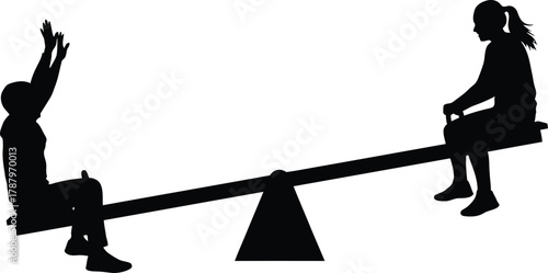 Black and white silhouette vector of children playing on a seesaw teeter-totter game at the park playground