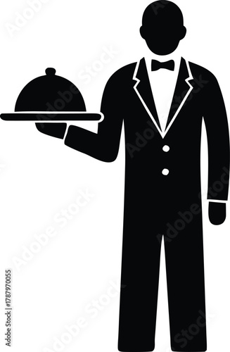 Waiter or butler holding serving tray, Restaurant service graphic