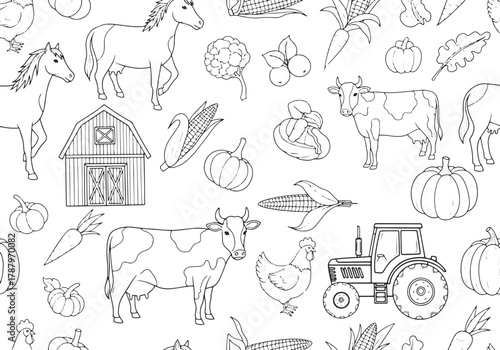 Farm animals and produce illustrated pattern, featuring cows, horses, chickens, and vegetables like corn, pumpkins, and carrots, with a tractor and barn