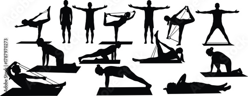 Collection of fitness and yoga silhouettes with people exercising using resistance bands and workout mats