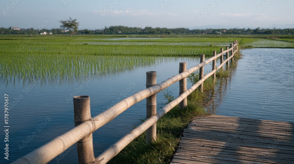 Naklejka premium Bamboo Poles Spanning Across a Flooded Field with Lush Green Rice Plants Under Clear Sky