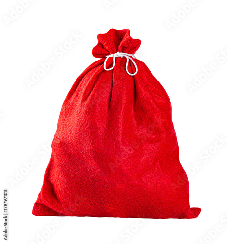 Red christmas present bag with gifts, closeup object. Isolated on transparent background. New Year celebration