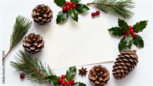 Festive arrangement of pine cones, holly leaves, and berries surrounding a blank paper note. Flat lay. Winter holiday theme. Greeting card with ample copy space.