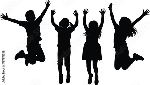 Group of Happy Children Jumping Silhouette Vector Set Isolated Black and White Kids Group Celebration