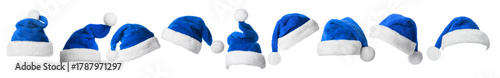 Collage with Blue Santa Claus hats set, closeup objects. Isolated on transparent background. Christmas and New Year celebration
