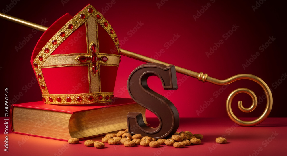 Obraz premium Red sinterklaas hat Mitre, decorative staff, large chocolate letter S, surrounded by traditional spiced cookies, festive attire and dutch holiday spirit. traditional Saint Nicolas day five december