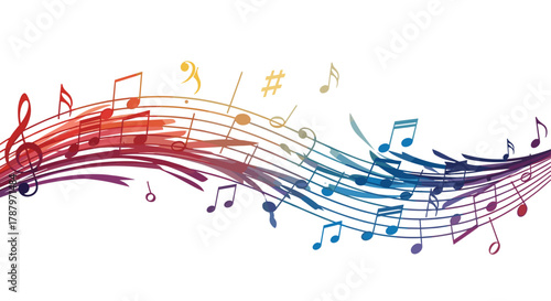 Colorful Abstract Music Notes Flowing on Staff Lines, Generative AI.