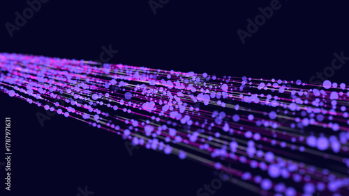 Abstract digital data stream in big data quantum computing. Concept for tech information transmission in cyberspace with particles on trails.