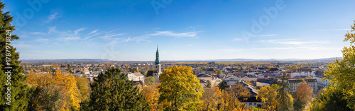 Panorama shot of the city of Baden near Vienna, Austria,  from above on a sunny day in autumn