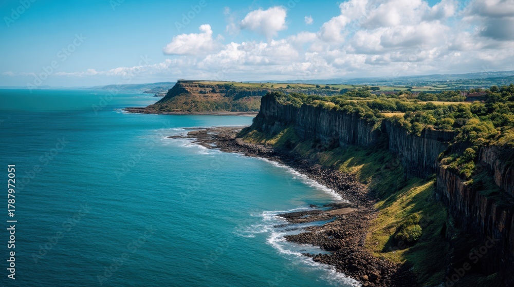 Obraz premium Scenic Coastal Cliffs with Turquoise Waters and Lush Greenery under a Bright Sky in a Daytime Landscape