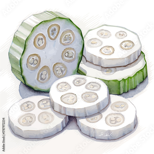 A Beautiful Watercolor design, flat sliced Chinese okra paintings isolated on a white background, illustration, AI painting design, vector set, eps format 2d design