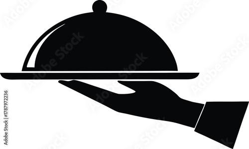 Hand holding serving tray silhouette vector