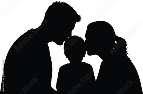 Affectionate family silhouette parents kissing child head illustration