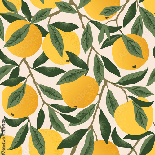 Autumn apple seamless pattern. Summer fruits, leaves, branches vector background. Vector texture illustration for cover, tropical wallpaper, vintage backdrop, wedding invitation