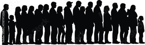 Black Silhouette Vector of a Diverse Group of People Standing in a Long Line or Queue