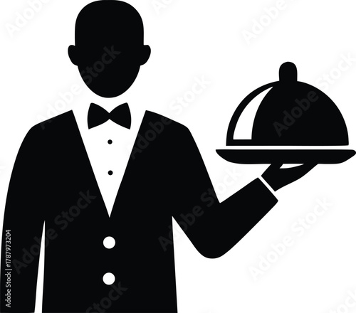 Waiter or butler holding serving tray, Restaurant service icon
