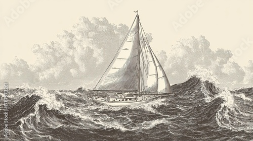 Sailing boat on rough sea waves engraving sketch with detailed clouds and water texture in vintage etching style