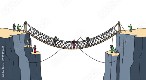 People Crossing Dangerous Rope Bridge Between Two Cliffs, Generative AI.
