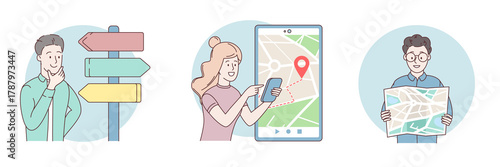 Set of Navigation concept. Hand holding mobile phone and searching route and location with GPS. Online city map, marking locations. Person use smartphone with navigator app. Flat illustration