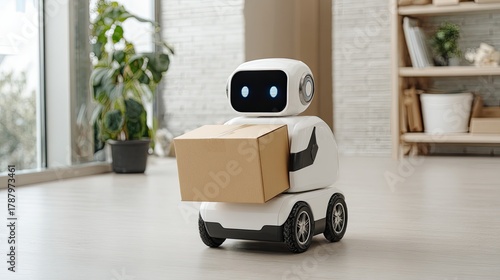 Cute delivery robot carrying cardboard box in modern bright room showing future home service technology concept