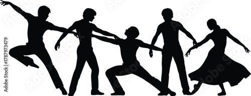 Black Silhouette Vector of Five Dancers Performing Dynamic Group Choreography