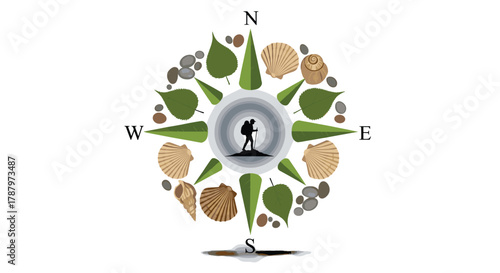 Compass with hiker and natural elements representing directions, Generative AI.