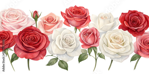 Rose watercolor floral border isolated on transparent or white background. Flower png.