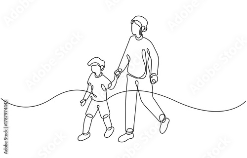 Continuous line drawing of happy mom and chlid walk together.