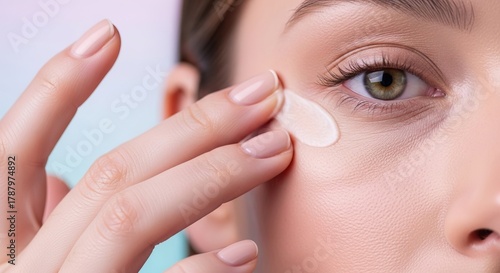 Close-up of a woman's hand gently applying a dab of cosmetic cream under her eye for skincare.