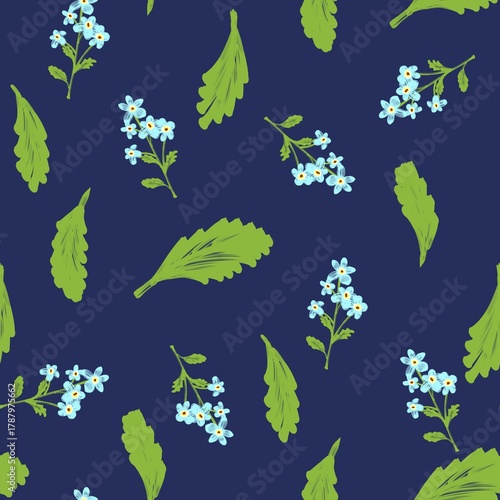 Rustic Forget-Me-Not and Leaf Toss Seamless Pattern