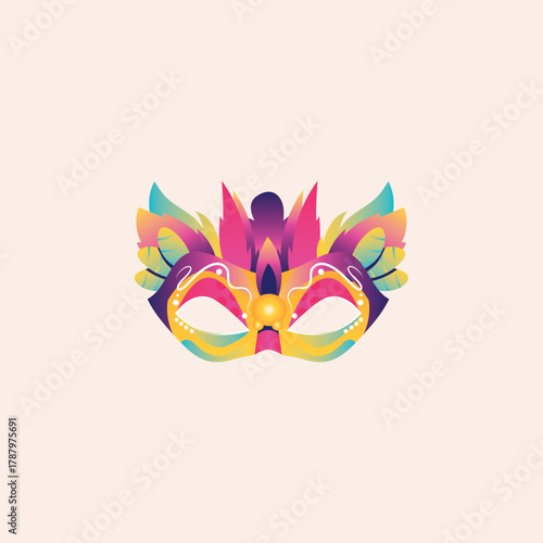 Vibrant carnival masquerade mask with colorful feathers, an elegant vector graphic design element for festive events and parties