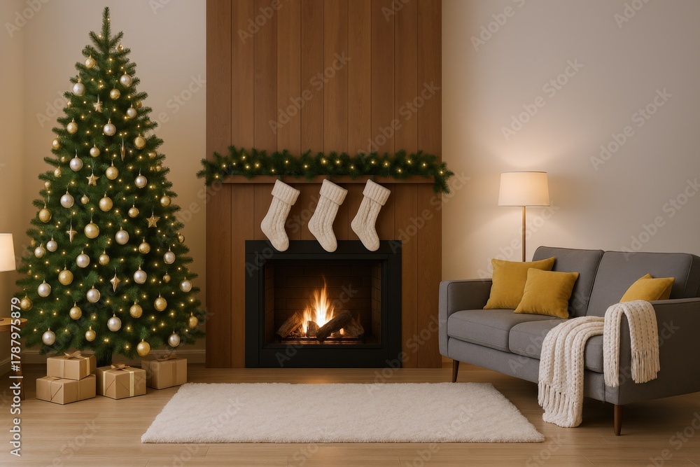 Naklejka premium Cozy Christmas Living Room with Decorated Tree, Fireplace, and Warm Lighting for Festive Holiday Season