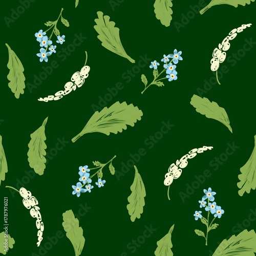 High Contrast Rustic Forget-Me-Not and Leaf Toss Seamless Pattern