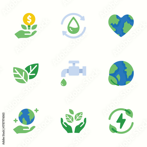 A collection of flat vector icons representing ecology, sustainability, environmental protection, and green energy concepts for modern design projects