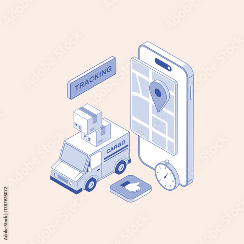 Logistics and delivery tracking app with a truck, map, and stopwatch, illustrating efficient package movement and shipment monitoring
