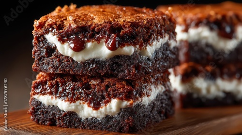 Stacked chocolate brownies with white cream filling and glossy topping