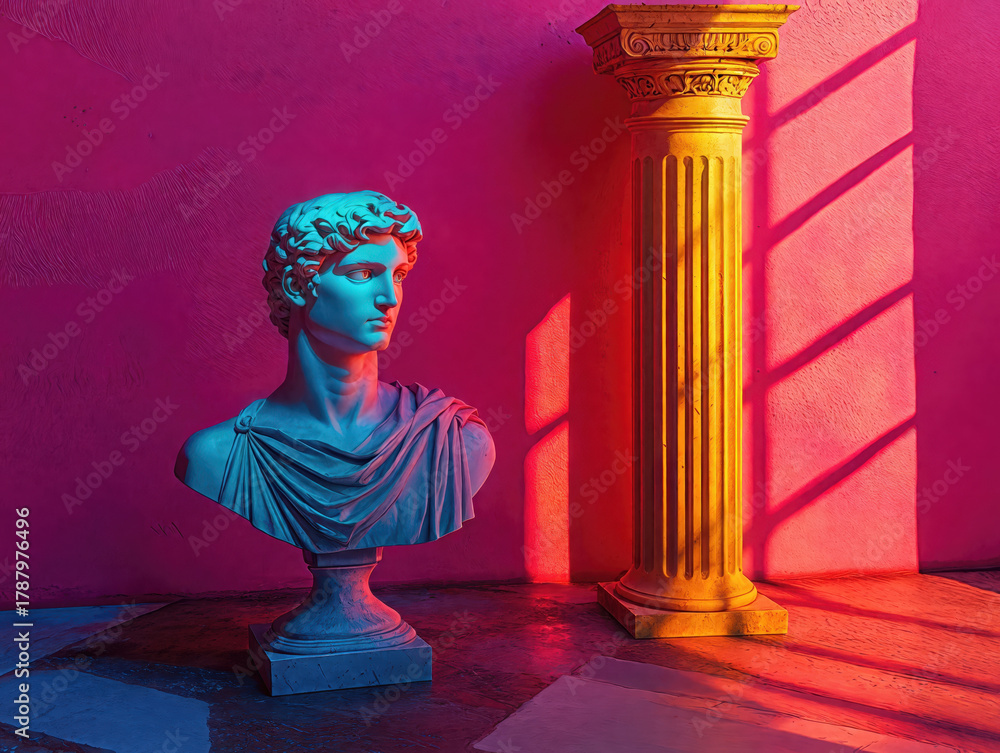 Fototapeta premium Sculpted plaster bust casting long shadows, dramatically lit by contrasting blue orange lights against pastel pink wall