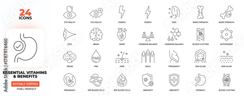 Essential Vitamins & Benefits Line Icon Set – Health, Energy, Skin, Immunity, Editable Stroke.