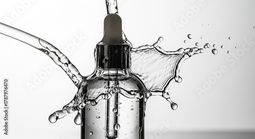 Dynamic splash of clear water cascading over a glass cosmetic dropper bottle against a white background.