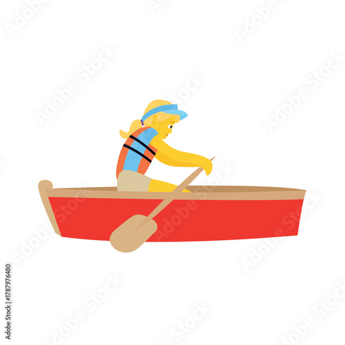 woman boating boat canoe kayak rowboat rowing water sports lake sea ocean safety vest emoji symbol sign icon vector illustration isolated flat kayaking canoeing 