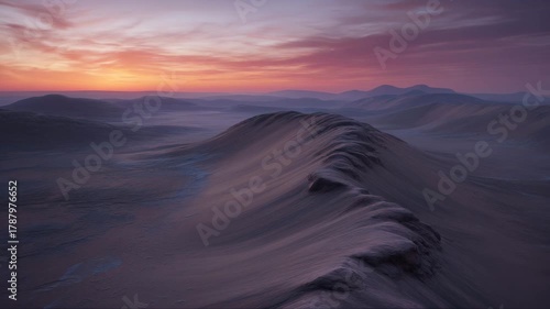 Serene abstract landscape waves at sunset with vibrant sky and distant mountains 4K Ai HD high quality video.	
