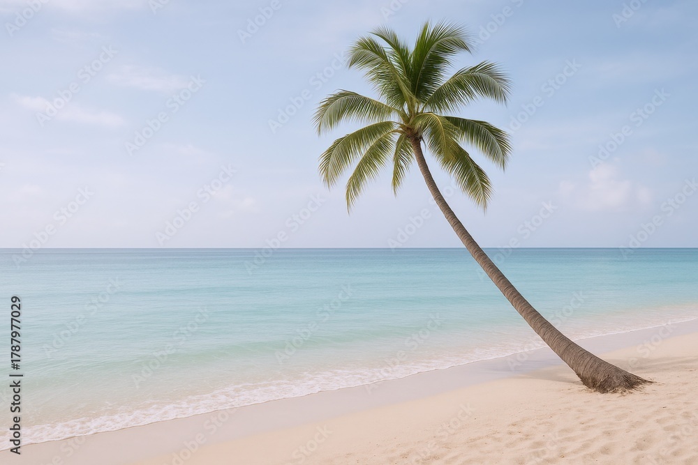 Obraz premium Idyllic Tropical Beach with Palm Tree Leaning Over White Sand and Turquoise Water
