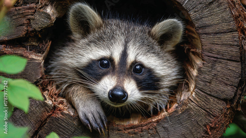 Raccoon peeking out of a hollow log looking curious