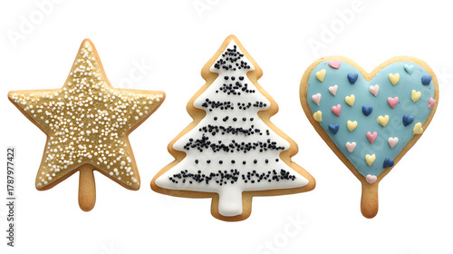Collection of Christmas cookies shaped like stars, trees, and hearts decorated with icing isolated on white background