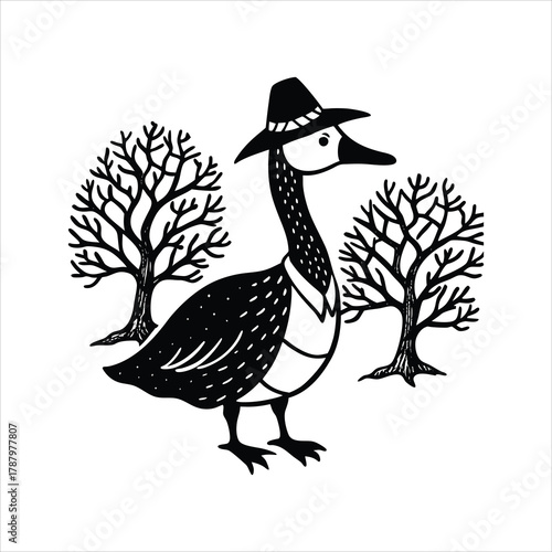 Goose wearing witch hat and cloak with spooky tree